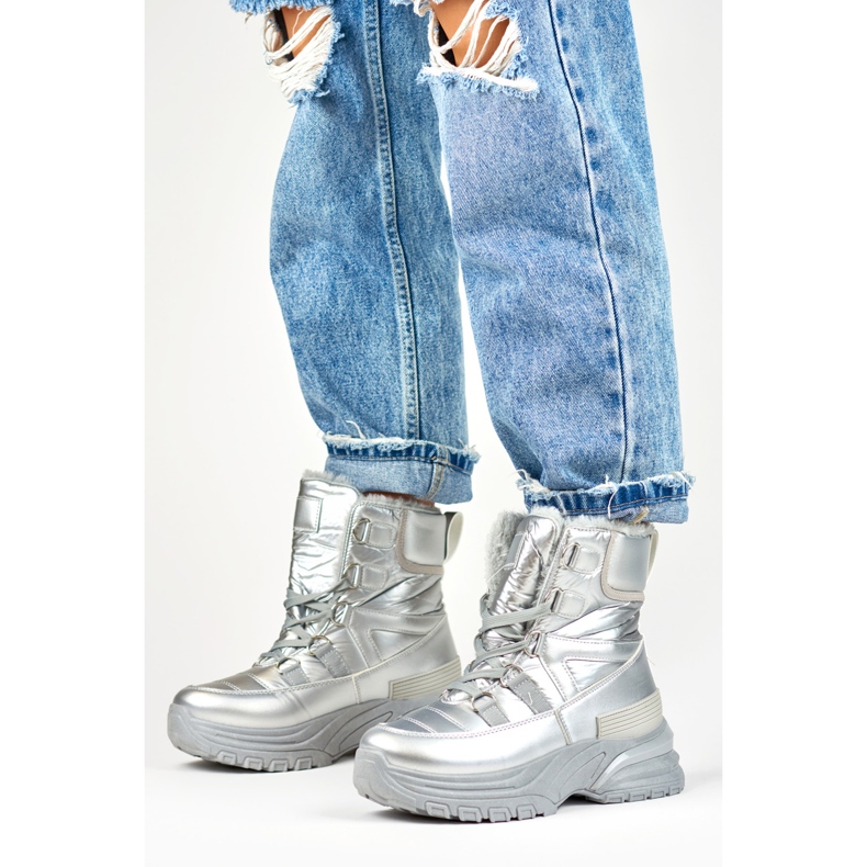 Botas de nieve deportivas con cordones para mujer plateadas plata 2