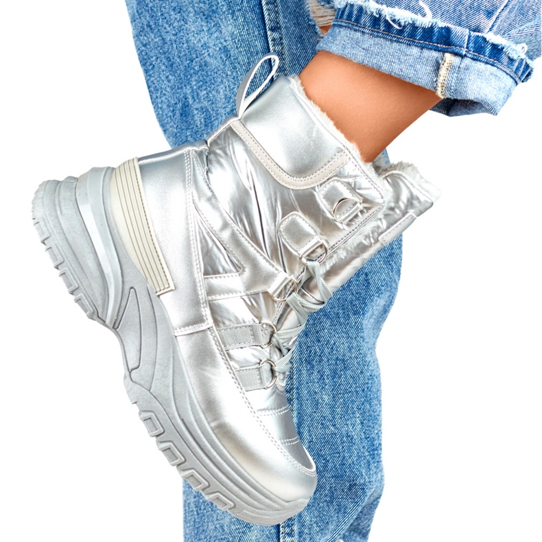 Botas de nieve deportivas con cordones para mujer plateadas plata 1