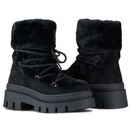 Botas de nieve de mujer de pelo negro con cordones decorativos 1
