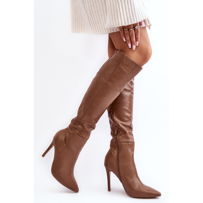 Botas de tacón alto por encima de la rodilla para mujer, Sirenpha beige oscuro 2