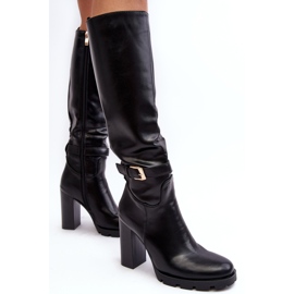 Botas Mujer Piel Tacón Alto Con Hebilla Bordda Negro 7