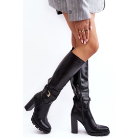 Botas Mujer Piel Tacón Alto Con Hebilla Bordda Negro 6