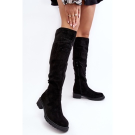 Botas por encima de la rodilla de mujer decoradas con tacón plano, Negro Cintya 3