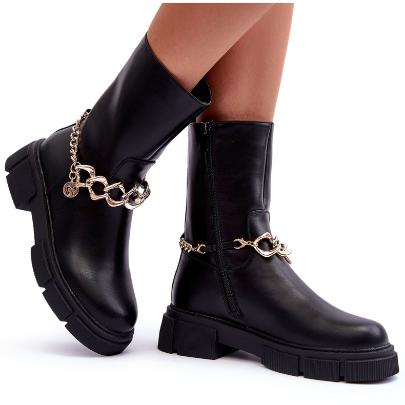Botas Altas De Piel Con Cadena Negro Pugen 7