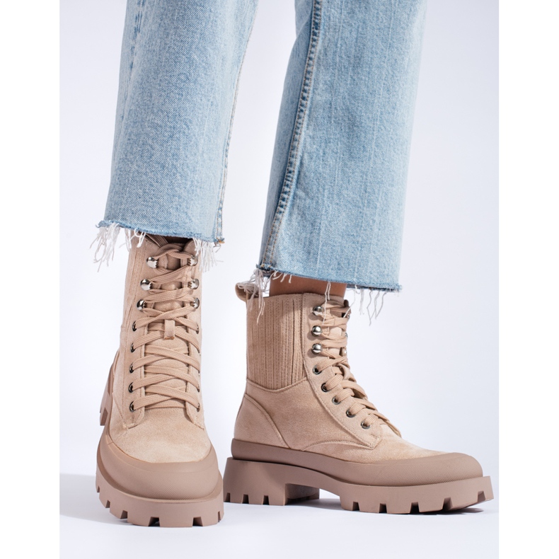 SHELOVET Botines beige con cordones de ante 2
