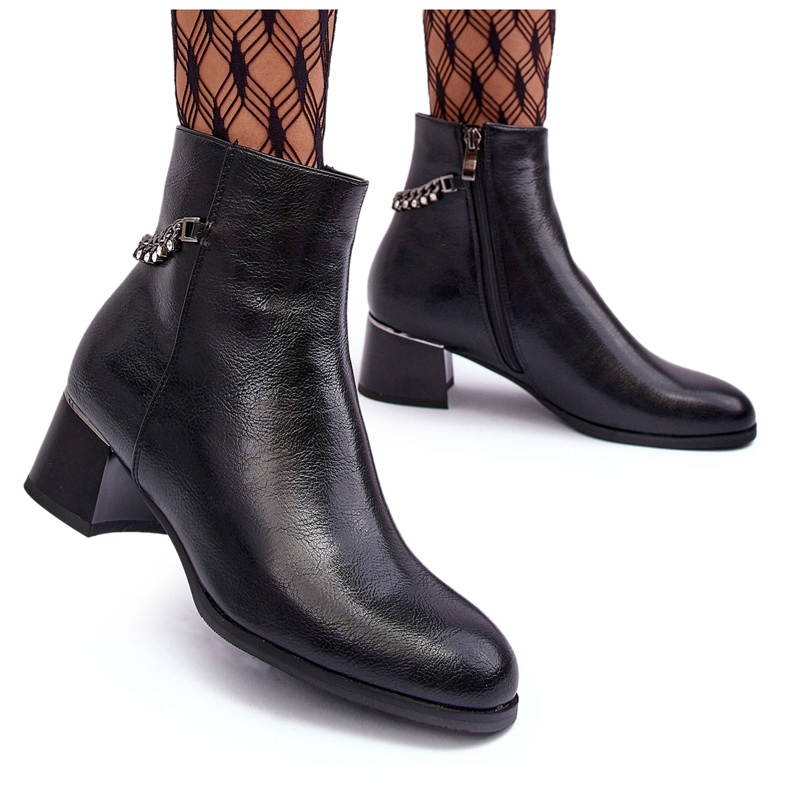 Seastar Botas de cuero para mujeres de baja tacón con cadena negra negro 4