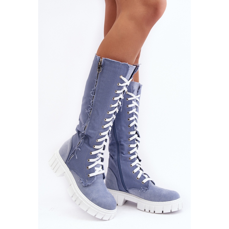 Botas Vaqueras Aislantes Con Cordones Para Mujer, Azul Cresanta beige 1