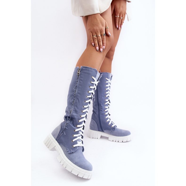 Botas Vaqueras Aislantes Con Cordones Para Mujer, Azul Cresanta beige 2