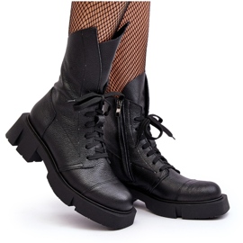 Botines de trabajador de cuero para mujer con tacón plano enorme Zazoo 976A Negro 10