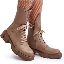 Botines de trabajo de cuero para mujer con tacón plano enorme Zazoo 976A Beige oscuro 10
