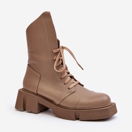 Botines de trabajo de cuero para mujer con tacón plano enorme Zazoo 976A Beige oscuro 2