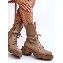 Botines de trabajo de cuero para mujer con tacón plano enorme Zazoo 976A Beige oscuro 3