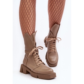 Botines de trabajo de cuero para mujer con tacón plano enorme Zazoo 976A Beige oscuro 1