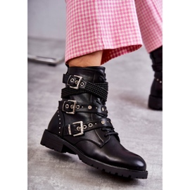 Botines Mujer Piel Con Tiras Decorativas Negro 4