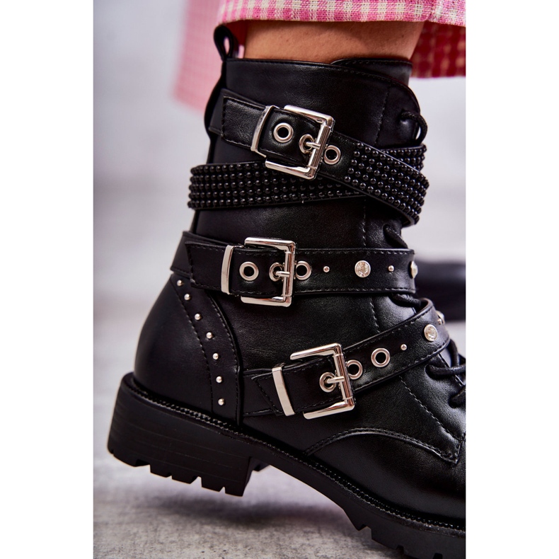 Botines Mujer Piel Con Tiras Decorativas Negro 2