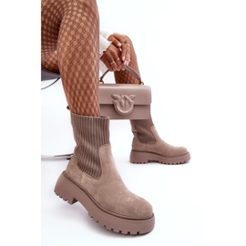 Seastar Botines de ante beige oscuro con calcetín sobre plataforma y tacón plano 3