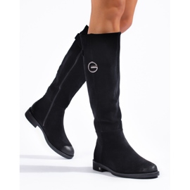 W. Potocki Botas de mujer de ante con tacón plano de Potocki negro 1 W. Potocki Botas de mujer de ante con tacón plano de Potocki negro 1