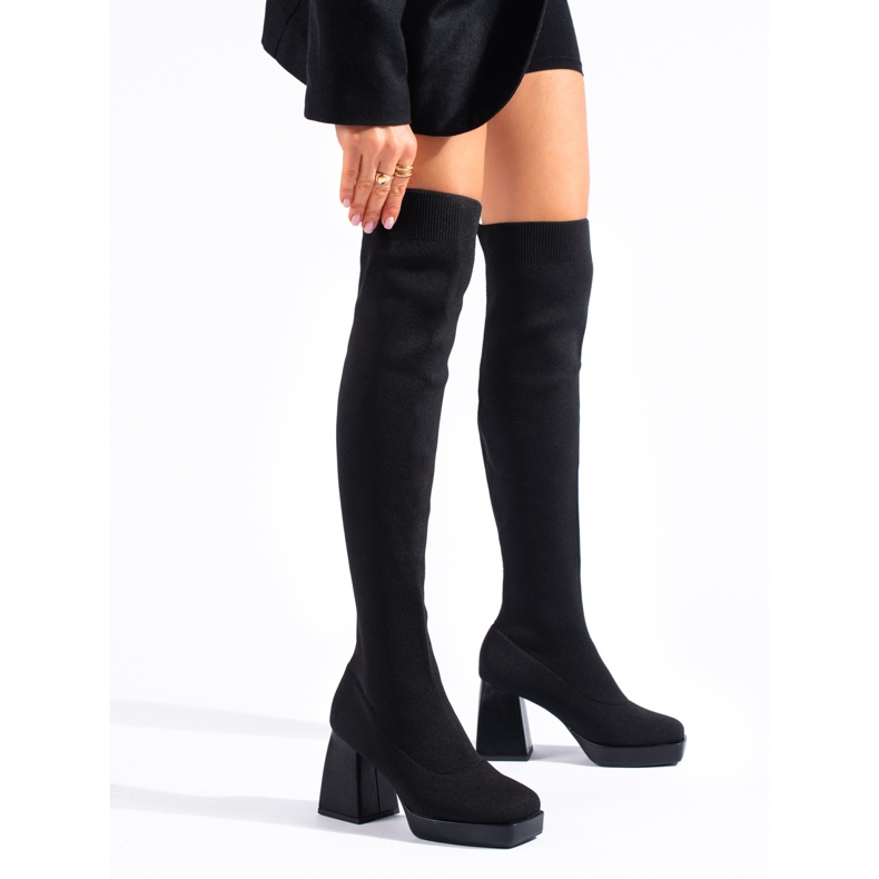 Botas hasta el muslo para mujer Shelovet con parte superior flexible negro 1