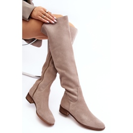 Botas por encima de la rodilla de ante para mujer con tacón plano, beige Hewanella 1