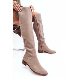Botas por encima de la rodilla de ante para mujer con tacón plano, beige Hewanella 2
