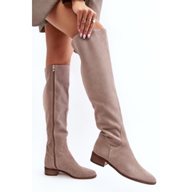 Botas por encima de la rodilla de ante para mujer con tacón plano, beige Hewanella 6