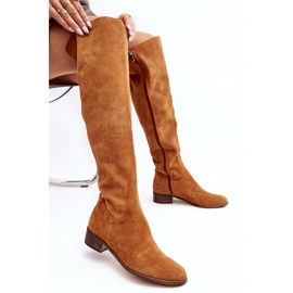 Botas por encima de la rodilla de mujer en ante con planas Camel Hewanella marrón 7