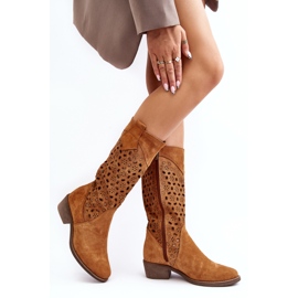 Botas De Mujer De Ante Calado Y Tacón Bajo Camel Ndulu marrón 2