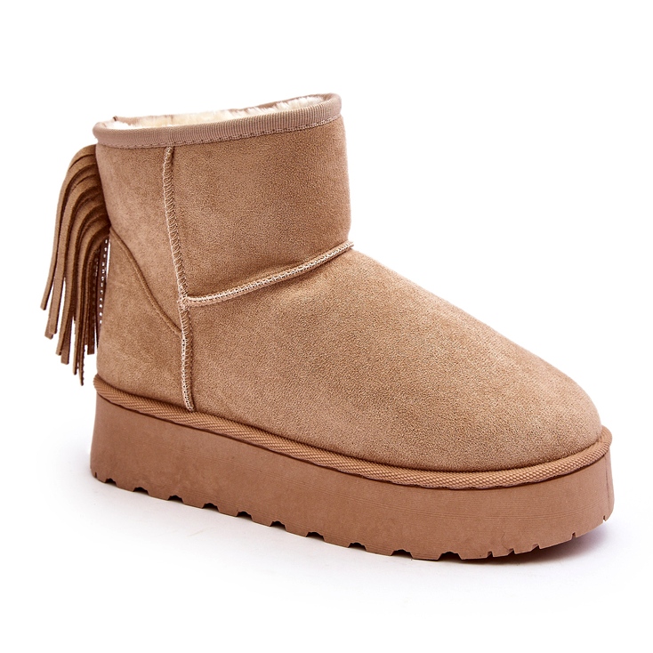 Botas de nieve para mujeres en una plataforma masiva con beige con flecos 2