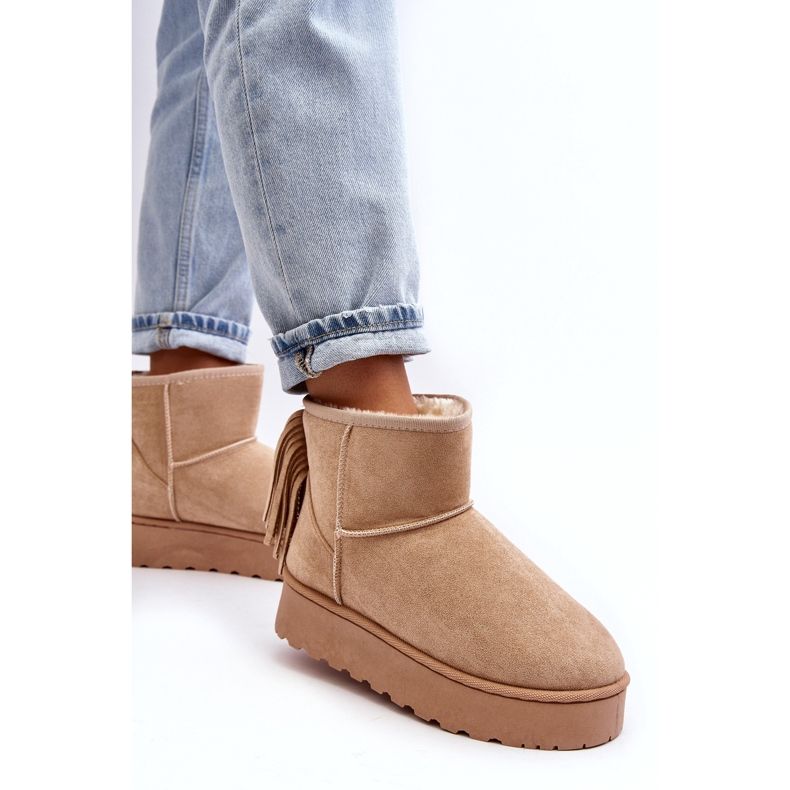 Botas de nieve para mujeres en una plataforma masiva con beige con flecos 4