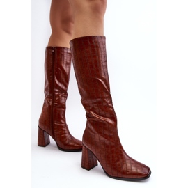 Botas De Mujer Marrones De Tacón Alto Con Grabado Decorativo Vabaria marrón 5