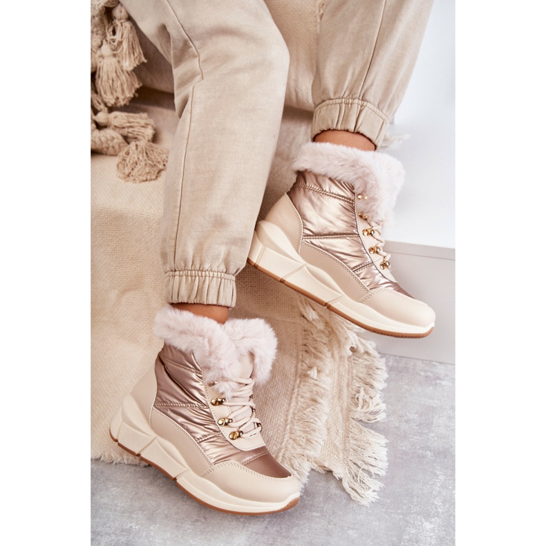 NEWS Botas de nieve para mujeres encaje -Up con beige de luz de piel 2