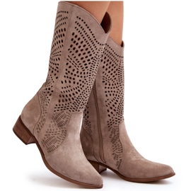Zazoo 3305/P Botas capuchino caladas a media pantorrilla de ante beige 11
