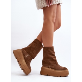 Zazoo 3410 Botines de ante para mujer con plataforma enorme en color camel marrón 6