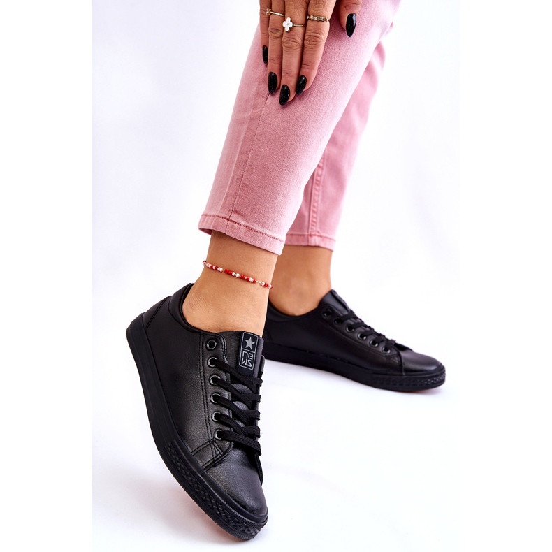 News Zapatillas de zapatillas negras clásicas atadas de cuero para mujeres negro 3