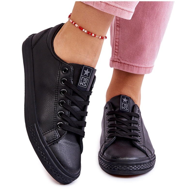 News Zapatillas de zapatillas negras clásicas atadas de cuero para mujeres negro 6