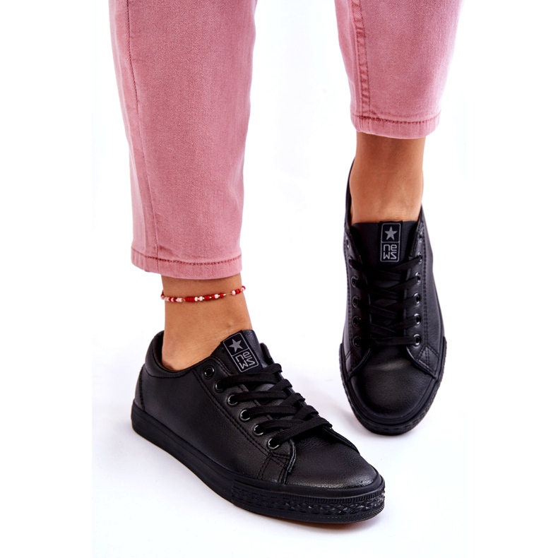 News Zapatillas de zapatillas negras clásicas atadas de cuero para mujeres negro 5