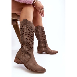 Zazoo 3403 Botas Caladas De Tacón Bajo Para Mujer, Beige Oscuro 1