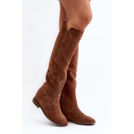 Zazoo 3407 Botas hasta la rodilla de ante con tacón plano camel marrón 5