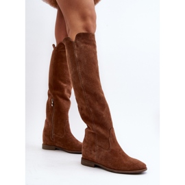 Zazoo 3407 Botas hasta la rodilla de ante con tacón plano camel marrón 8