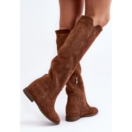 Zazoo 3407 Botas hasta la rodilla de ante con tacón plano camel marrón 9