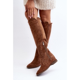 Zazoo 3407 Botas hasta la rodilla de ante con tacón plano camel marrón 10