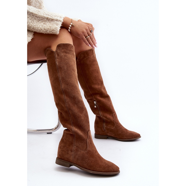 Zazoo 3407 Botas hasta la rodilla de ante con tacón plano camel marrón 1