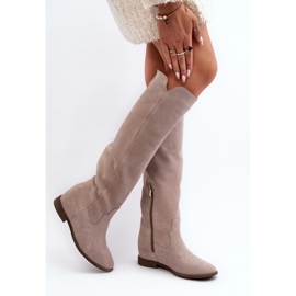 Zazoo 3407 Botas hasta la rodilla de ante con tacón plano capuchino beige 7