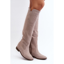 Zazoo 3407 Botas hasta la rodilla de ante con tacón plano capuchino beige 6