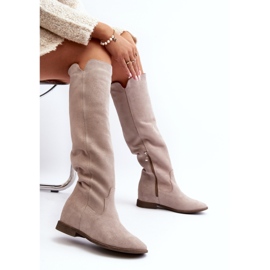 Zazoo 3407 Botas hasta la rodilla de ante con tacón plano capuchino beige 2