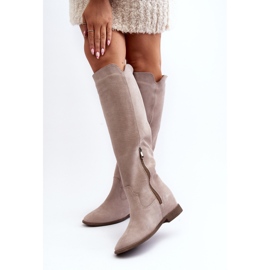 Zazoo 3407 Botas hasta la rodilla de ante con tacón plano capuchino beige 12