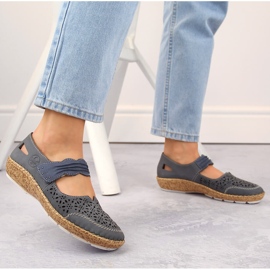 Zapatos mujer piel calada con velcro, azul Rieker 44896-15 2