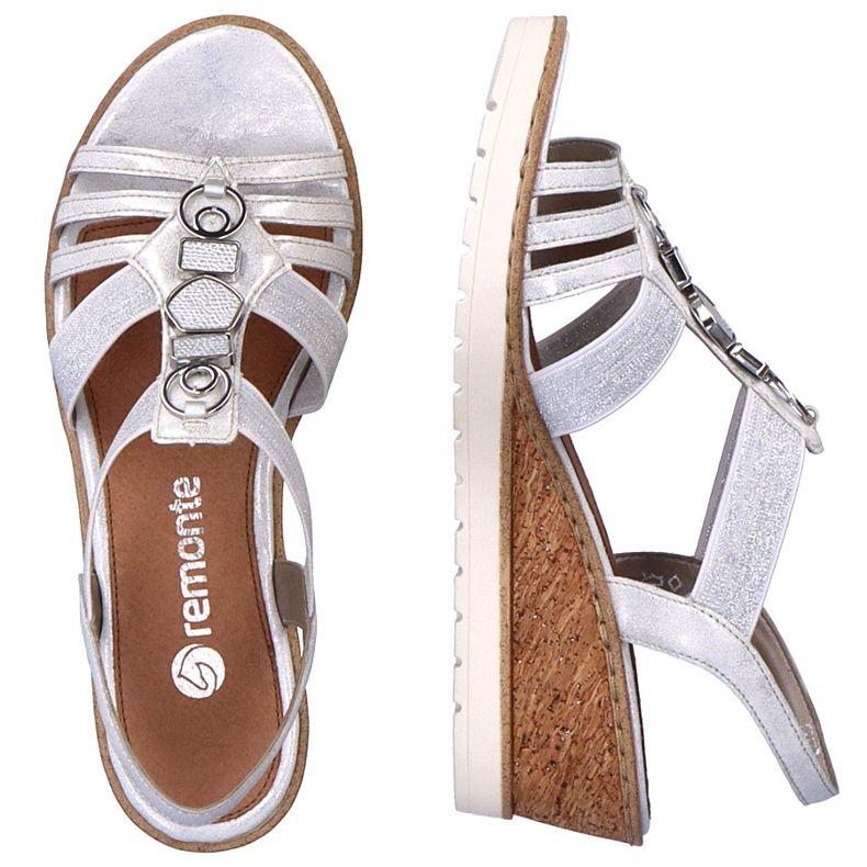 Sandalias de mujer cómodas con cuña slip-on y elásticos Remonte R6264-80 plata 1 Sandalias de mujer cómodas con cuña slip-on y elásticos Remonte R6264-80 plata 1