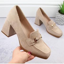 Zapatos de mujer en ante con tacón decorativo, beige Potocki 12354 4