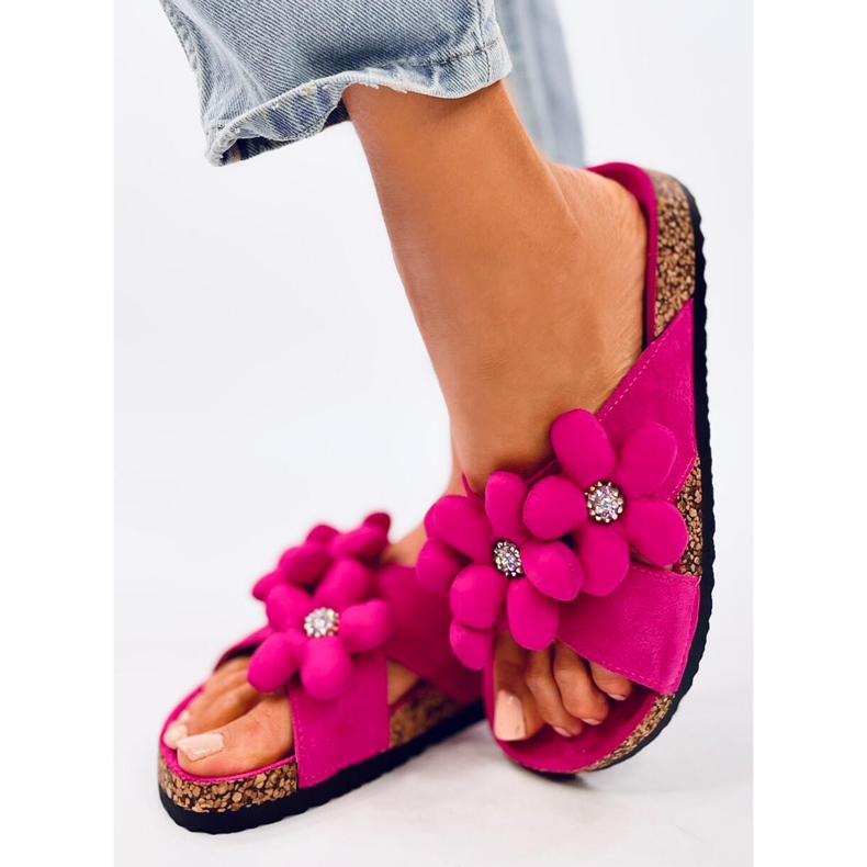 Charss Chanclas de corcho fucsia con flores cojín rosa 2